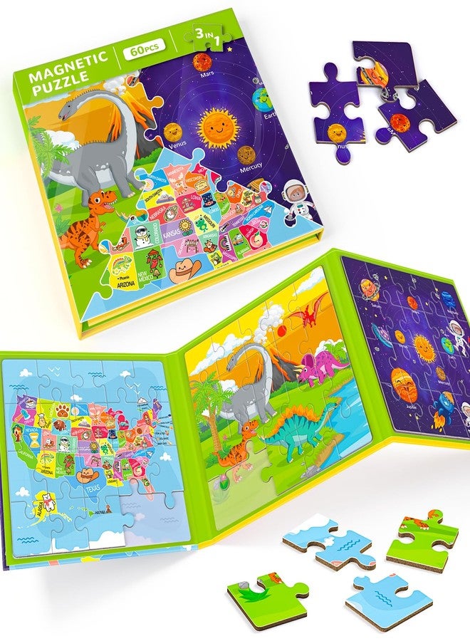 JUANCHI 3x20 Pieces Magnetic Puzzles for Toddlers 3-5, Map/Space/Dinosaur 3 in 1 Puzzles for Kids Ages 4-6, Car Airplane Road Trip Activities Toys for 3 4 5 6 Year Old Boys Birthday - Image 1